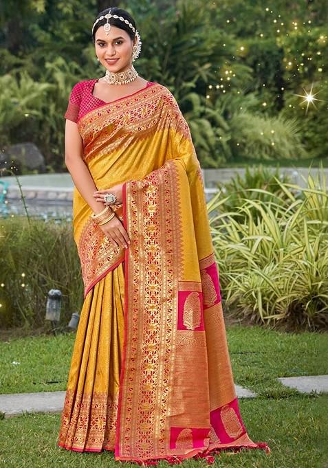 Yellow Jacquard Blended Saree Set — view on Indya