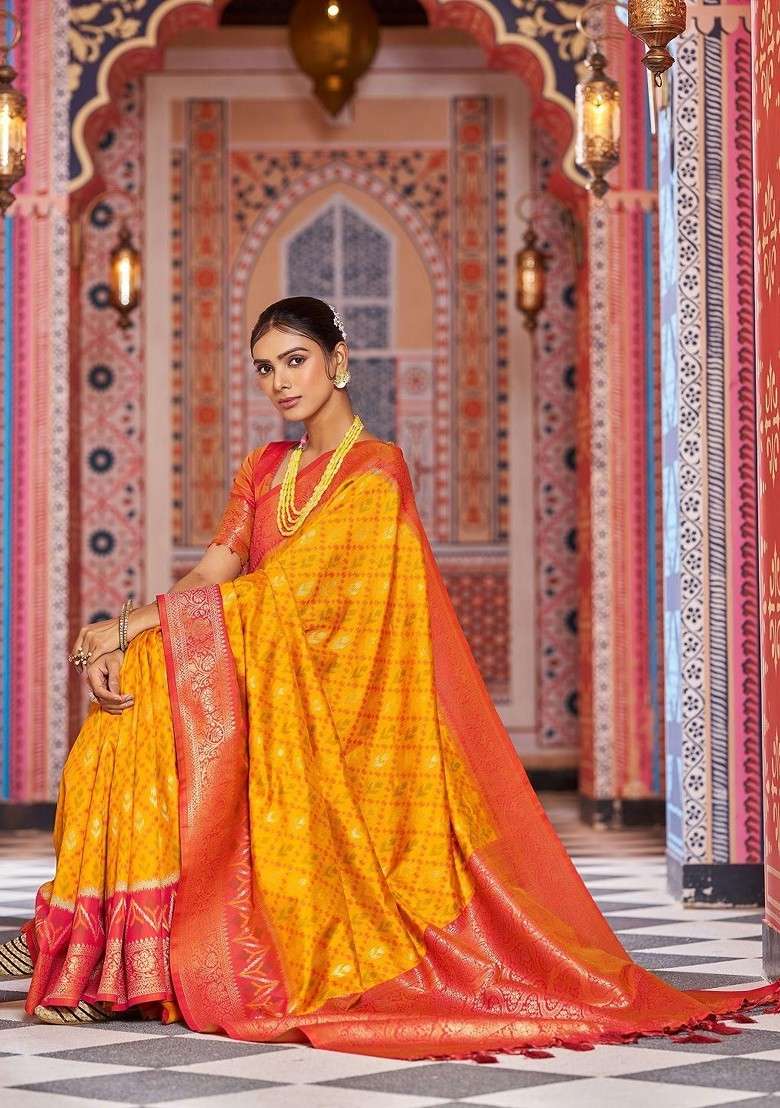 Yellow Blended Jacquard Saree Set for Diwali | Wedding & Festive Wear - Indya