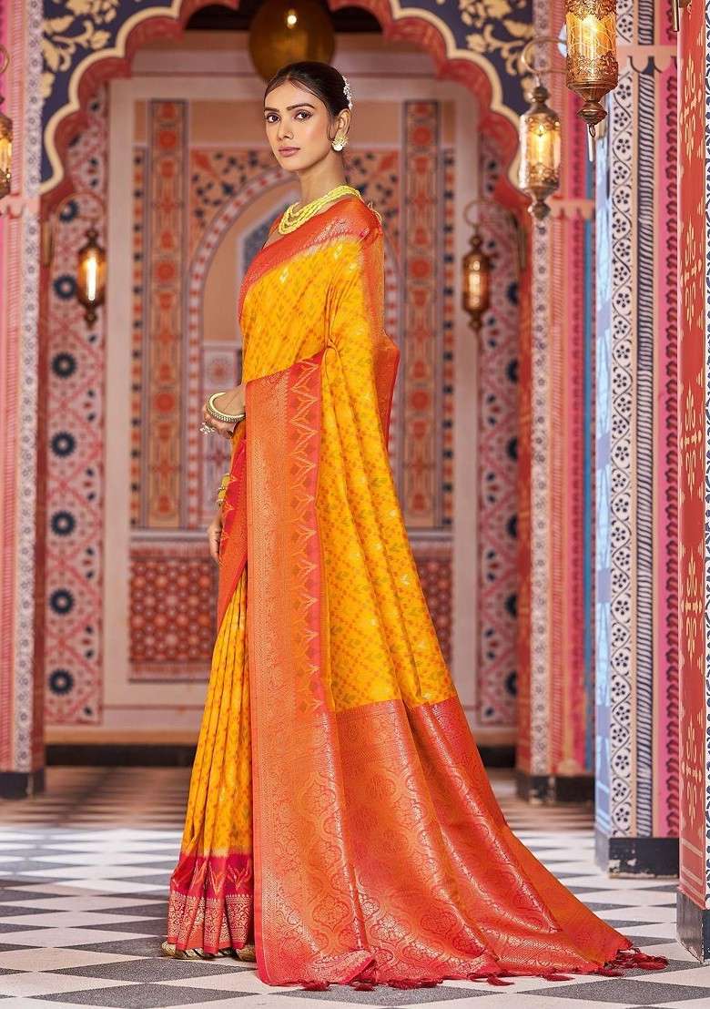 Yellow Blended Jacquard Saree Set for Diwali | Wedding & Festive Wear - Indya