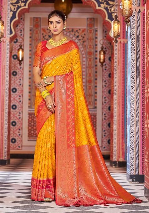 Yellow Jacquard Blended Saree Set — view on Indya