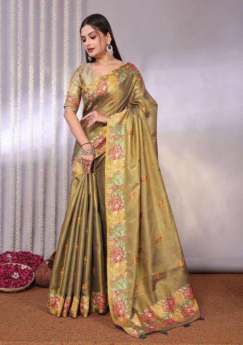 Gold Blended Jacquard Saree Set for Diwali | Wedding & Festive Wear - Indya