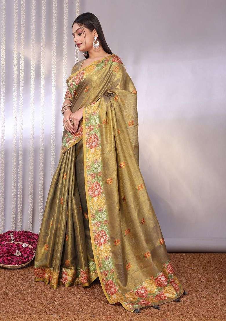Gold Blended Jacquard Saree Set for Diwali | Wedding & Festive Wear - Indya