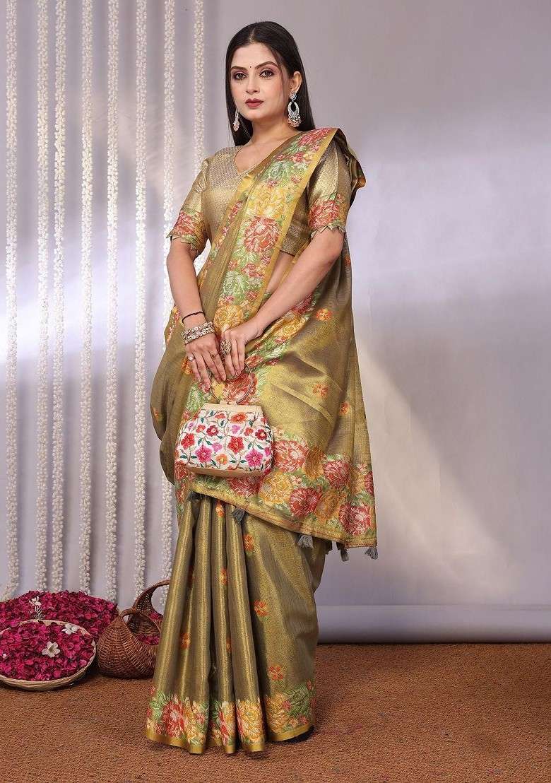 Gold Blended Jacquard Saree Set for Diwali | Wedding & Festive Wear - Indya