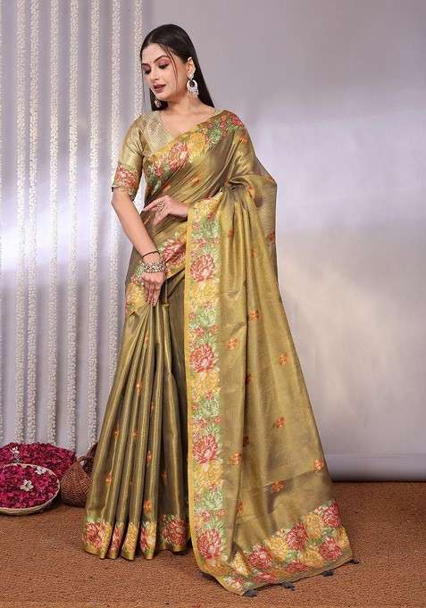 Gold Blended Jacquard Saree Set for Diwali | Wedding & Festive Wear
