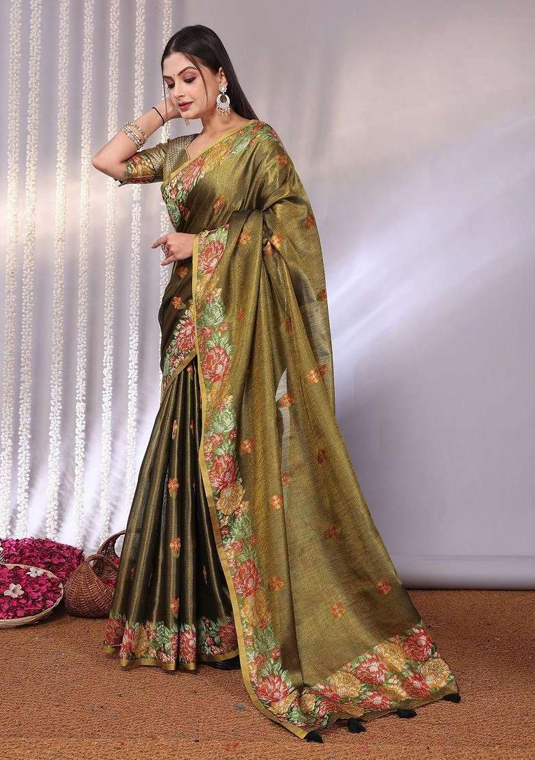 Olive Blended Jacquard Saree Set for Diwali | Wedding & Festive Wear - Indya