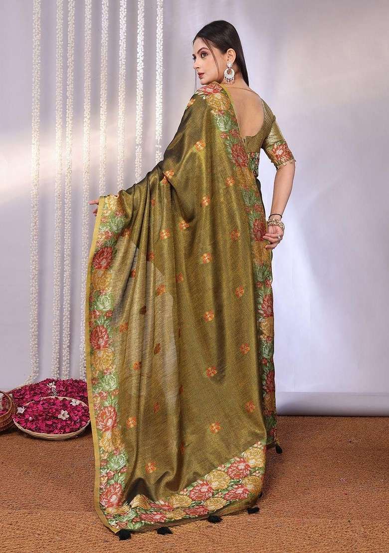 Olive Blended Jacquard Saree Set for Diwali | Wedding & Festive Wear - Indya