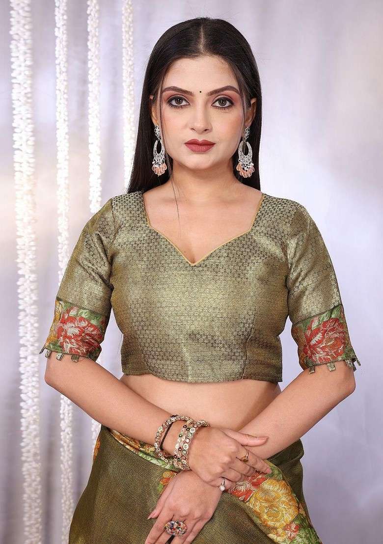 Olive Blended Jacquard Saree Set for Diwali | Wedding & Festive Wear - Indya