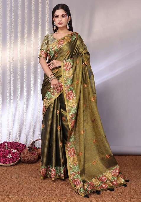 Olive Blended Jacquard Saree Set for Diwali | Wedding & Festive Wear