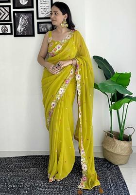 Lime Green Embroidered Blended Saree Set