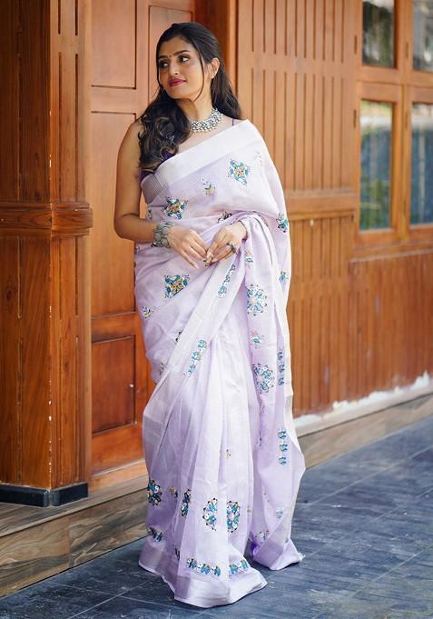 Lavender Embroidered Blended Saree Set