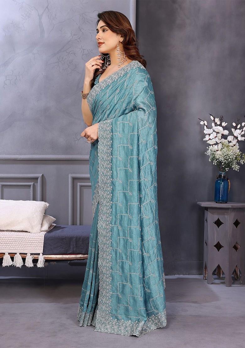 Blue Embellished Blended Saree Set