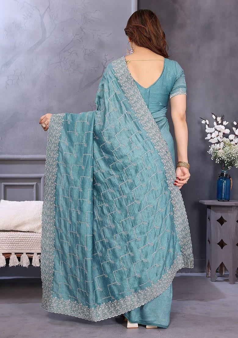 Blue Embellished Blended Saree Set