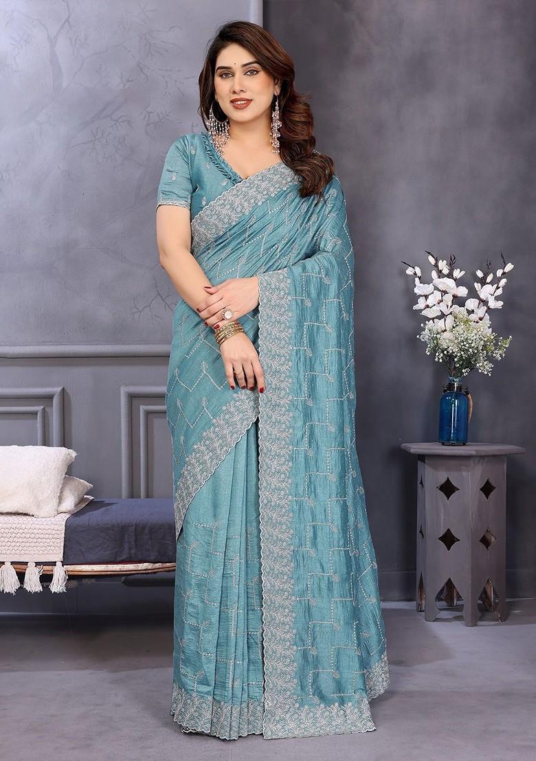 Blue Embellished Blended Saree Set