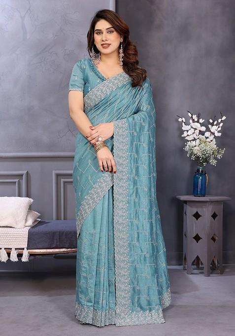 Blue Embellished Blended Saree Set