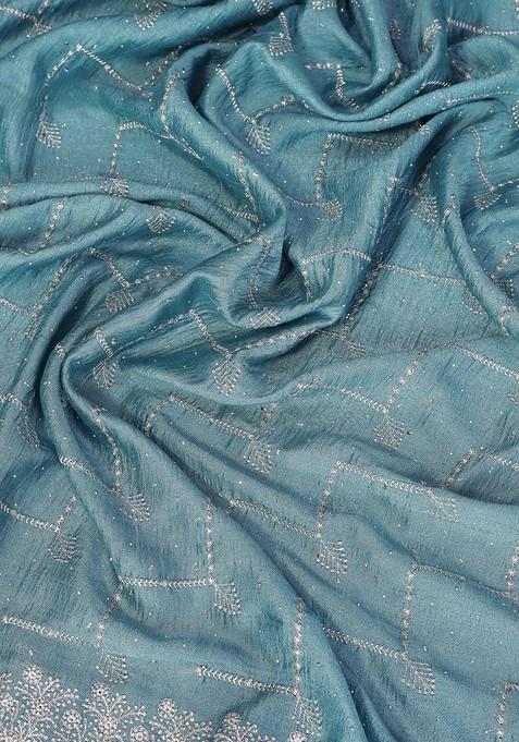 Blue Embellished Blended Saree Set