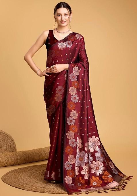 Maroon Jacquard Blended Saree Set — view on Indya