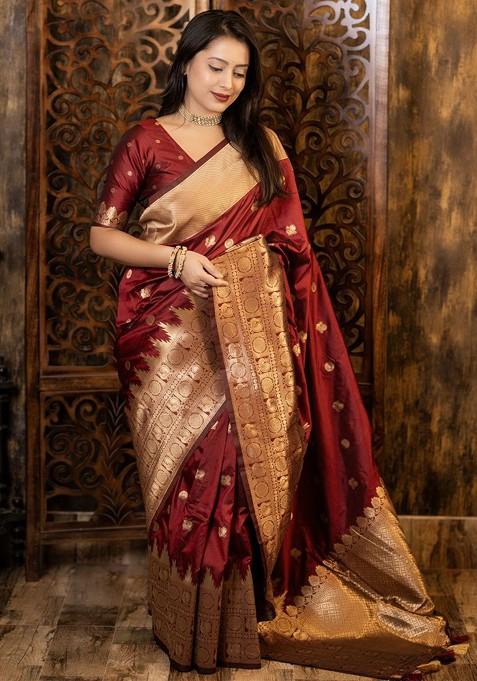 Maroon Embroidered Blended Saree Set — view on Indya
