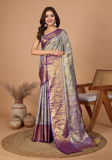 Blue Embroidered Blended Saree Set — view on Indya