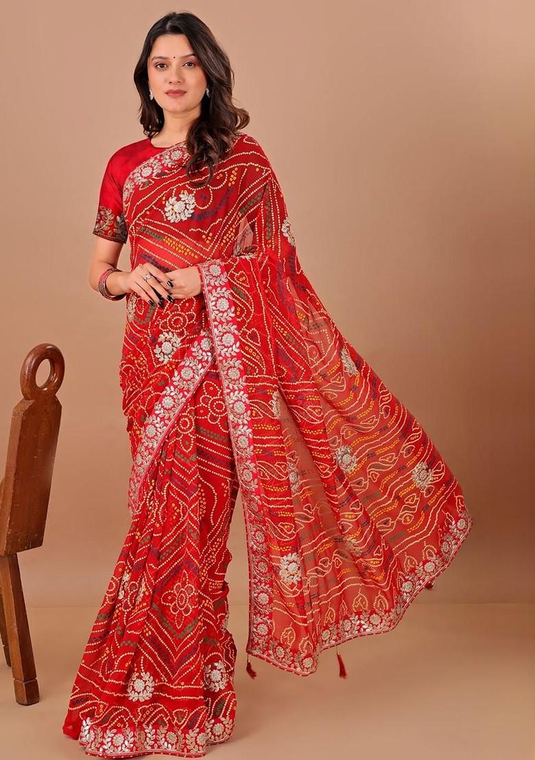 Red Printed Blended Saree Set