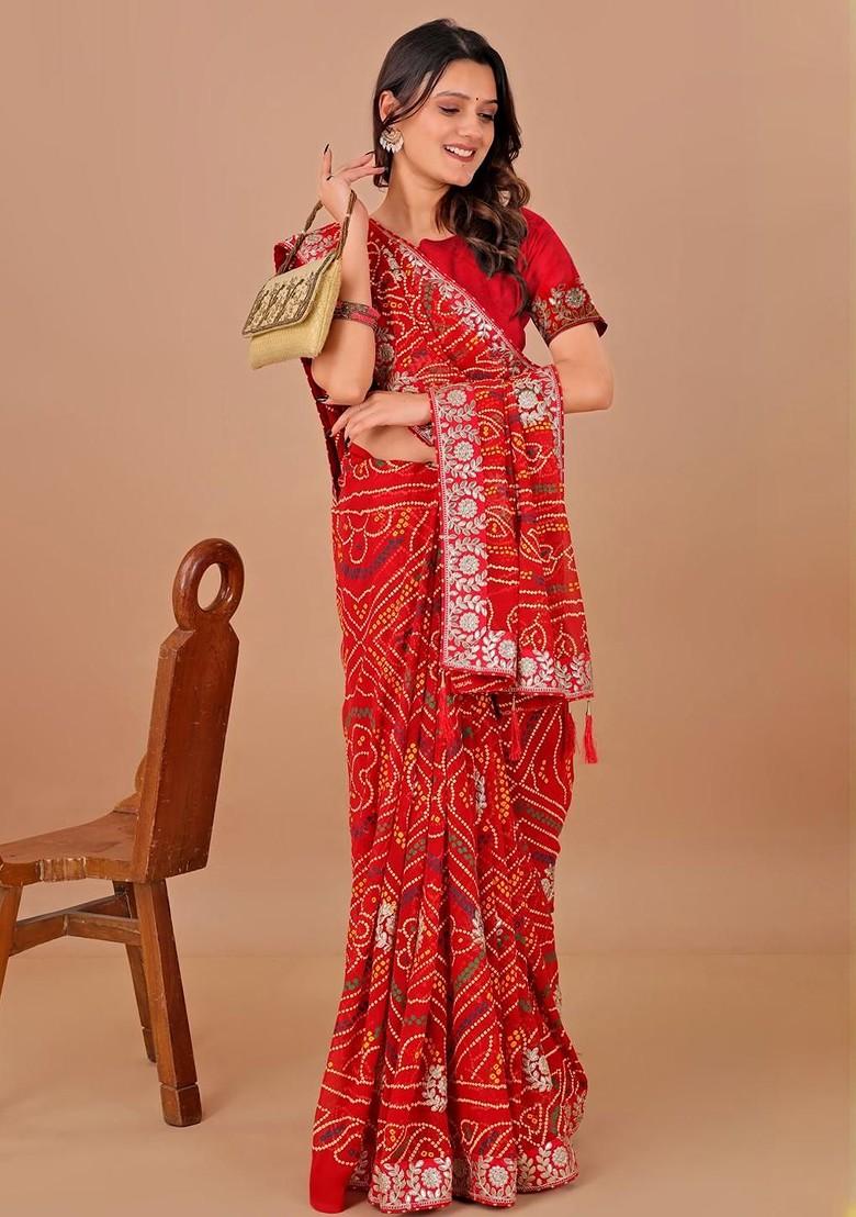 Red Printed Blended Saree Set