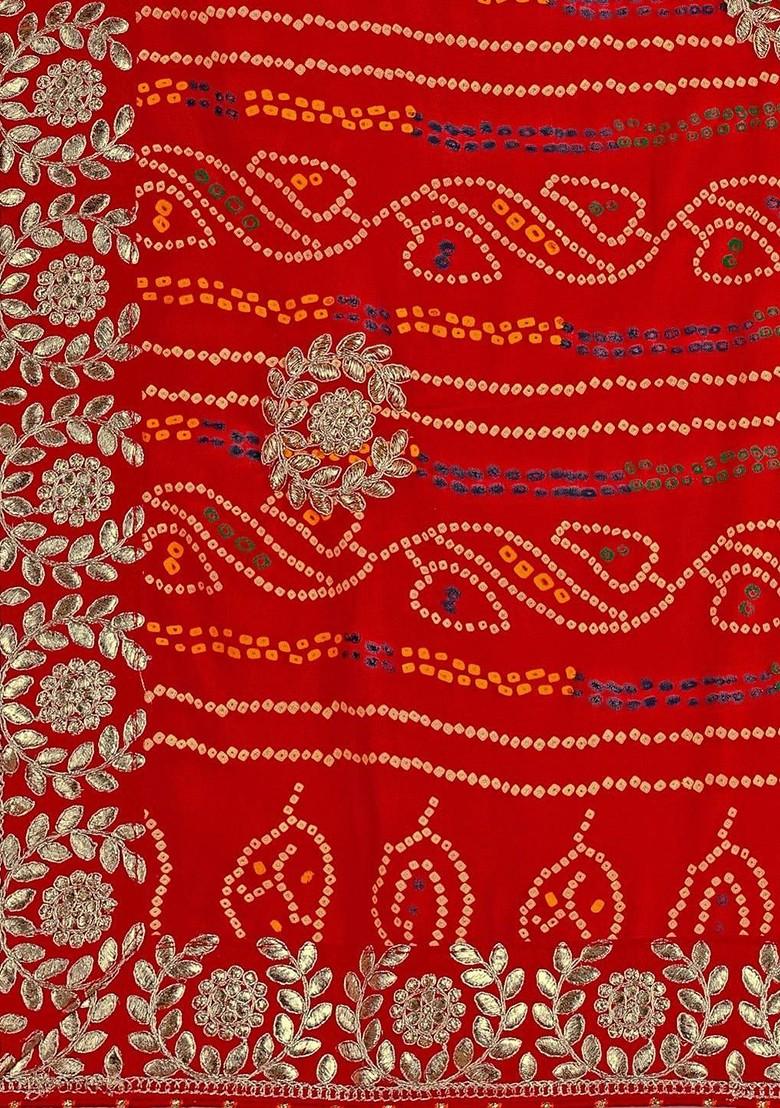 Red Printed Blended Saree Set