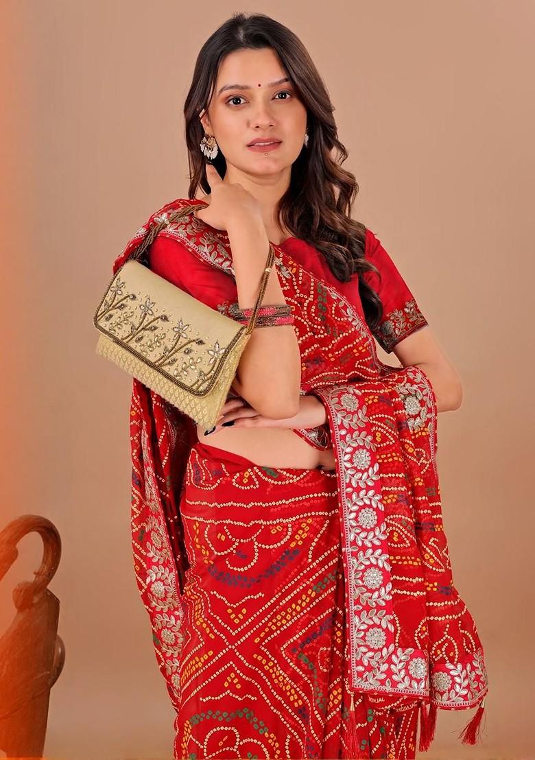 Red Printed Blended Saree Set