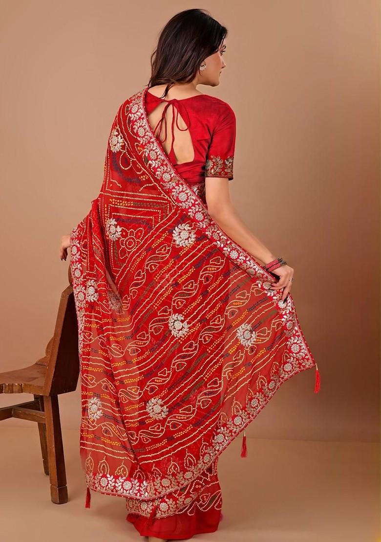 Red Printed Blended Saree Set