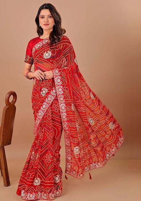 Red Printed Blended Saree Set