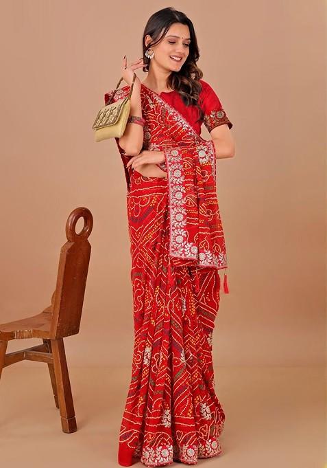 Red Printed Blended Saree Set
