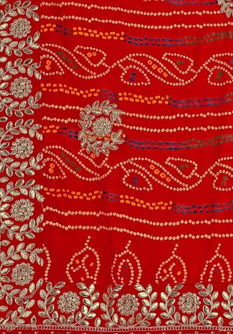 Red Printed Blended Saree Set