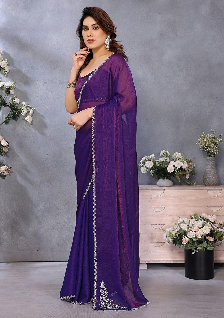 Purple Embellished Blended Saree Set