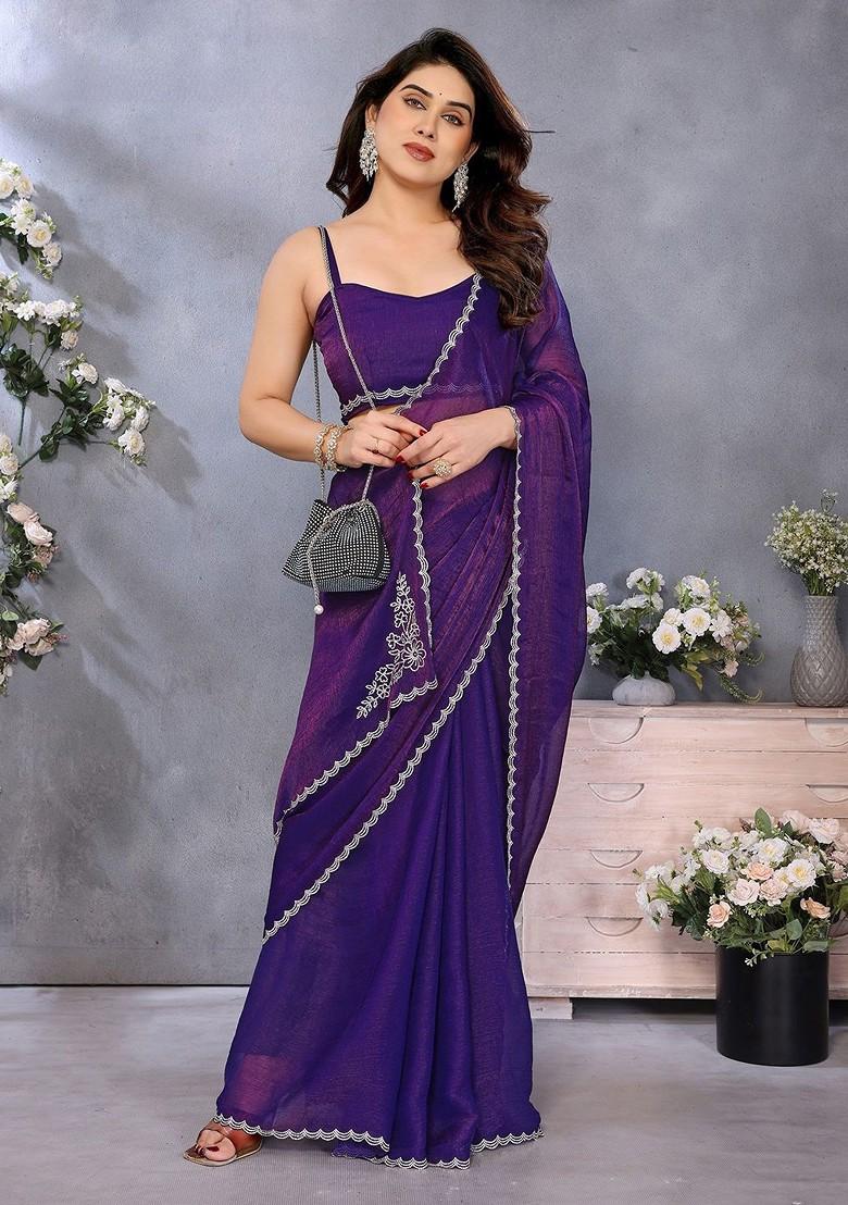 Purple Embellished Blended Saree Set