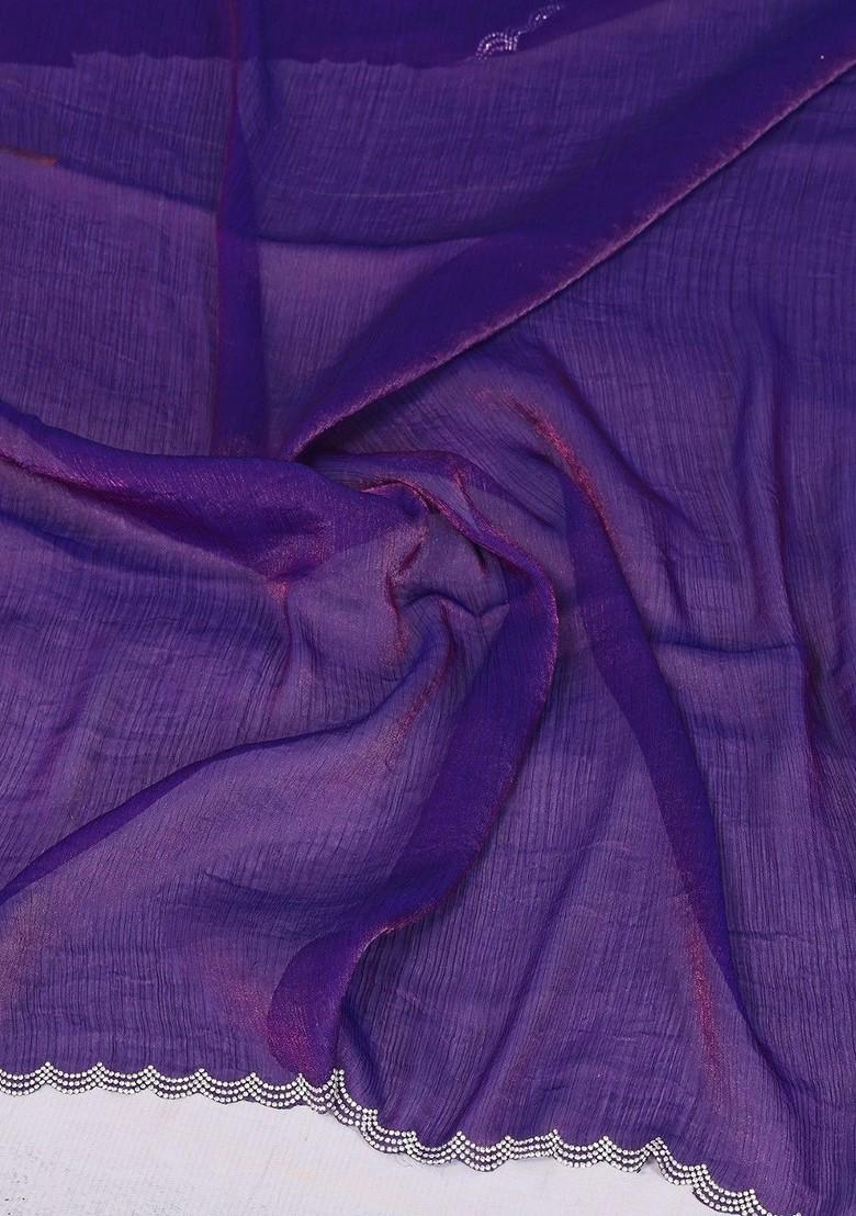Purple Embellished Blended Saree Set