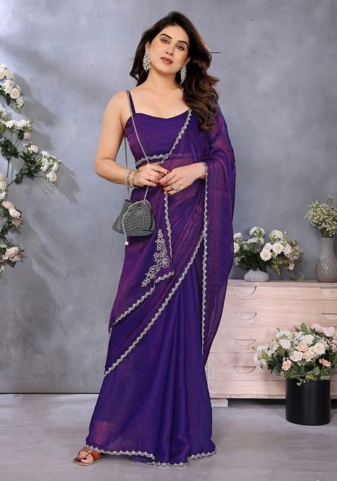 Purple Embellished Blended Saree Set