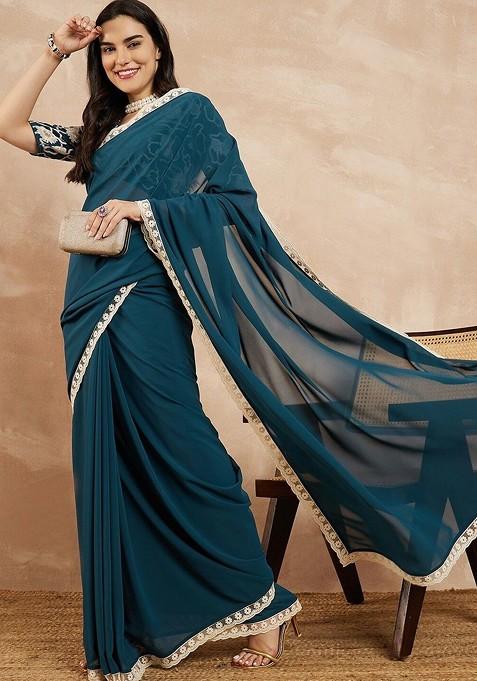 Blue Embroidered Blended Saree Set