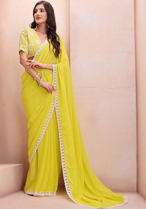Yellow Embroidered Blended Saree Set