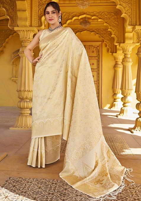 White Embroidered Blended Saree Set
