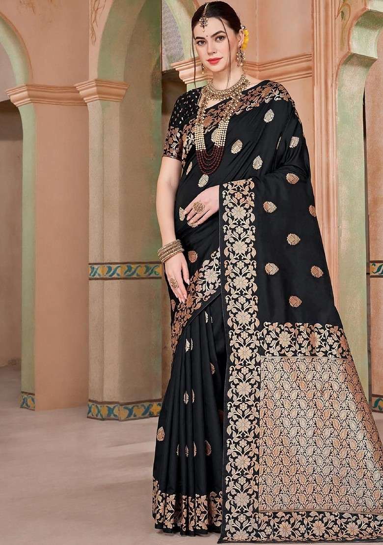 Black Embroidered Blended Saree Set for Diwali and Festive Wear - Indya