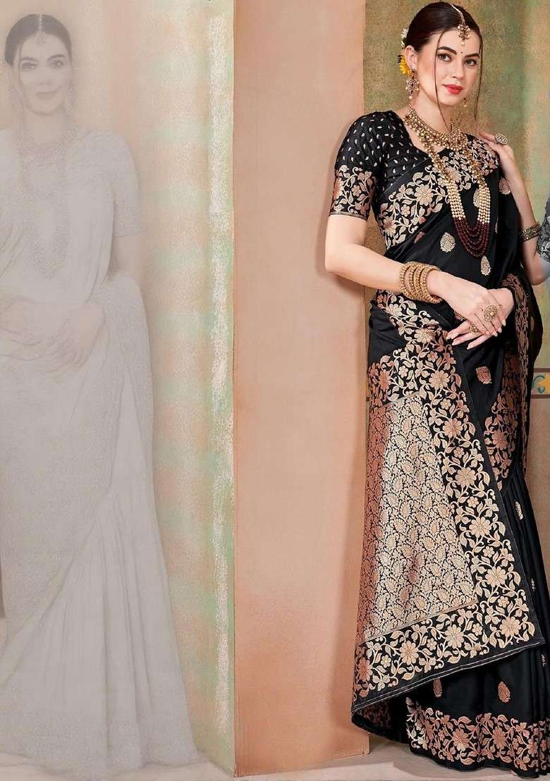Black Embroidered Blended Saree Set for Diwali and Festive Wear - Indya