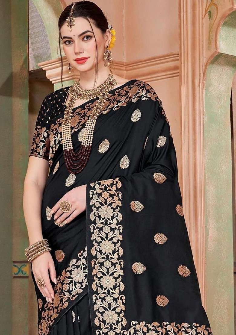 Black Embroidered Blended Saree Set for Diwali and Festive Wear - Indya