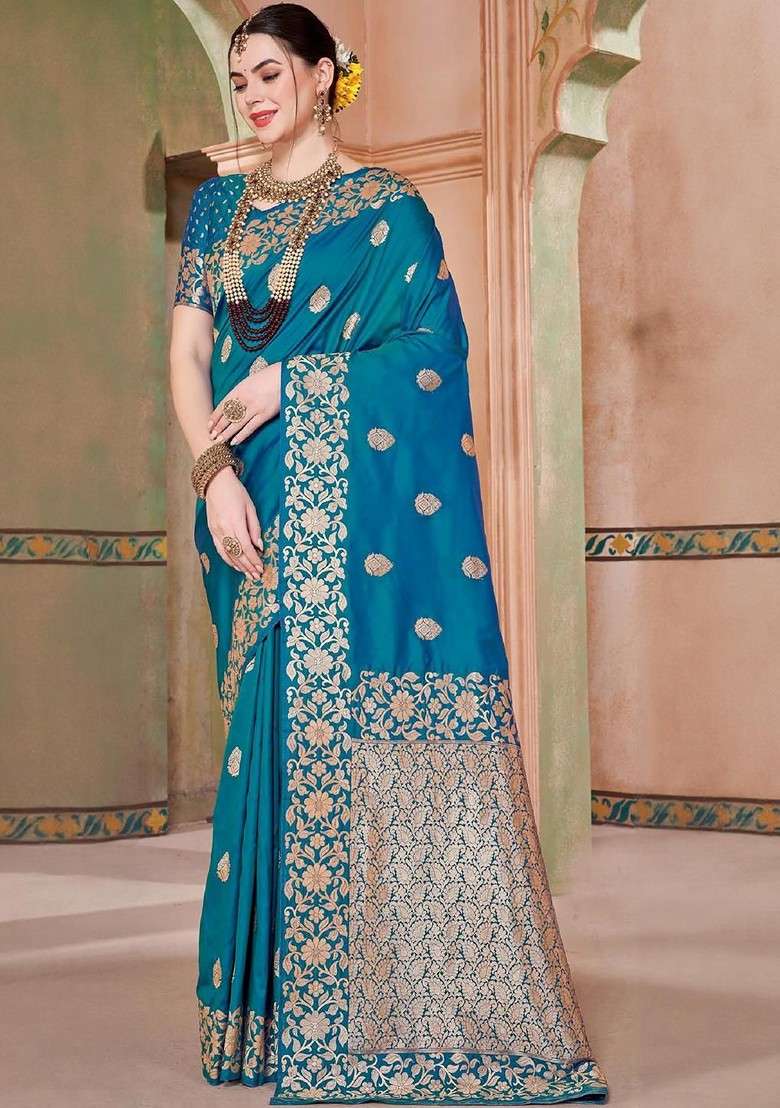 Blue Embroidered Blended Saree Set for Diwali and Festive Wear - Indya
