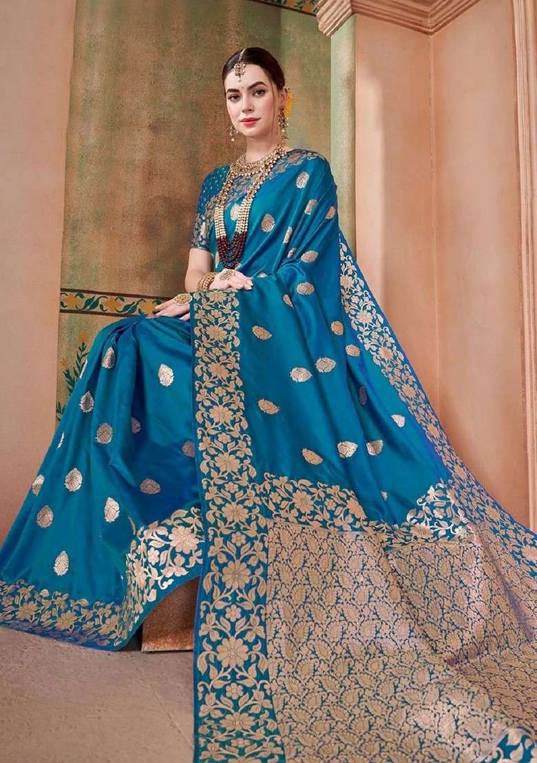 Blue Embroidered Blended Saree Set for Diwali and Festive Wear - Indya
