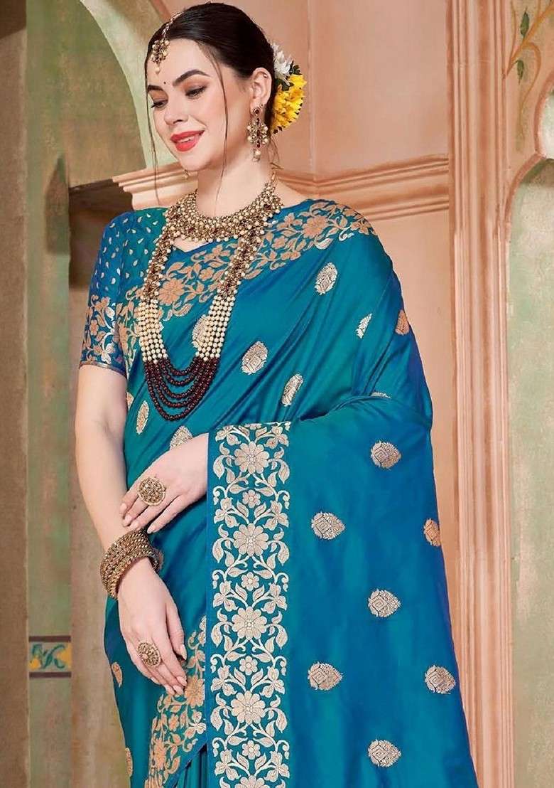 Blue Embroidered Blended Saree Set for Diwali and Festive Wear - Indya