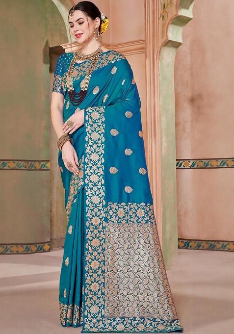 Blue Embroidered Blended Saree Set