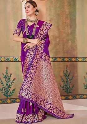 Magenta Embellished Blended Saree Set
