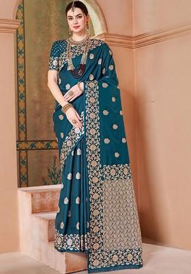 Teal Embellished Blended Saree Set