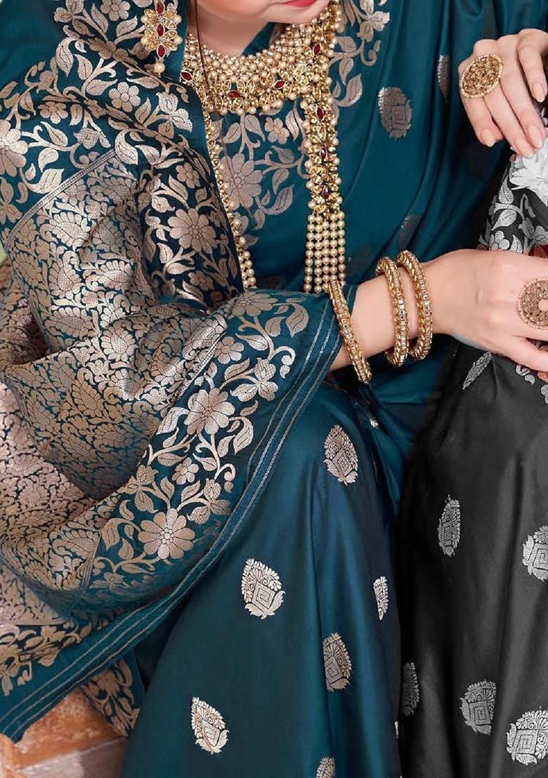 Teal Embellished Blended Saree Set