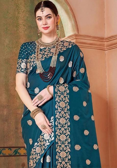 Teal Embellished Blended Saree Set