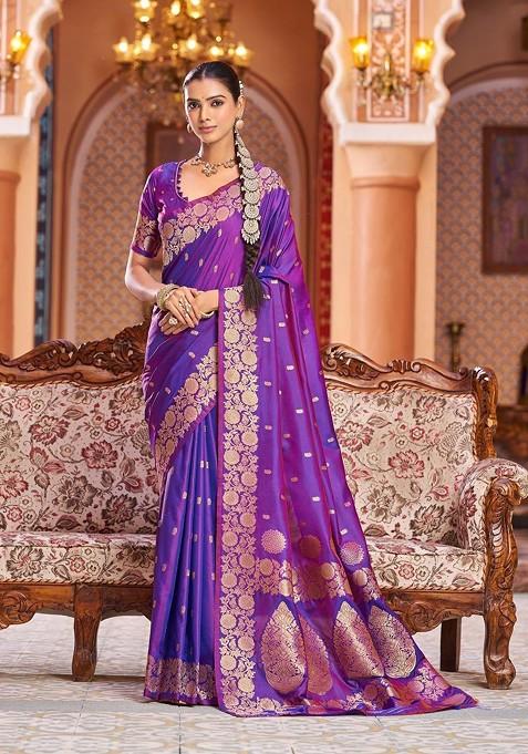 Purple Jacquard Blended Saree Set — view on Indya
