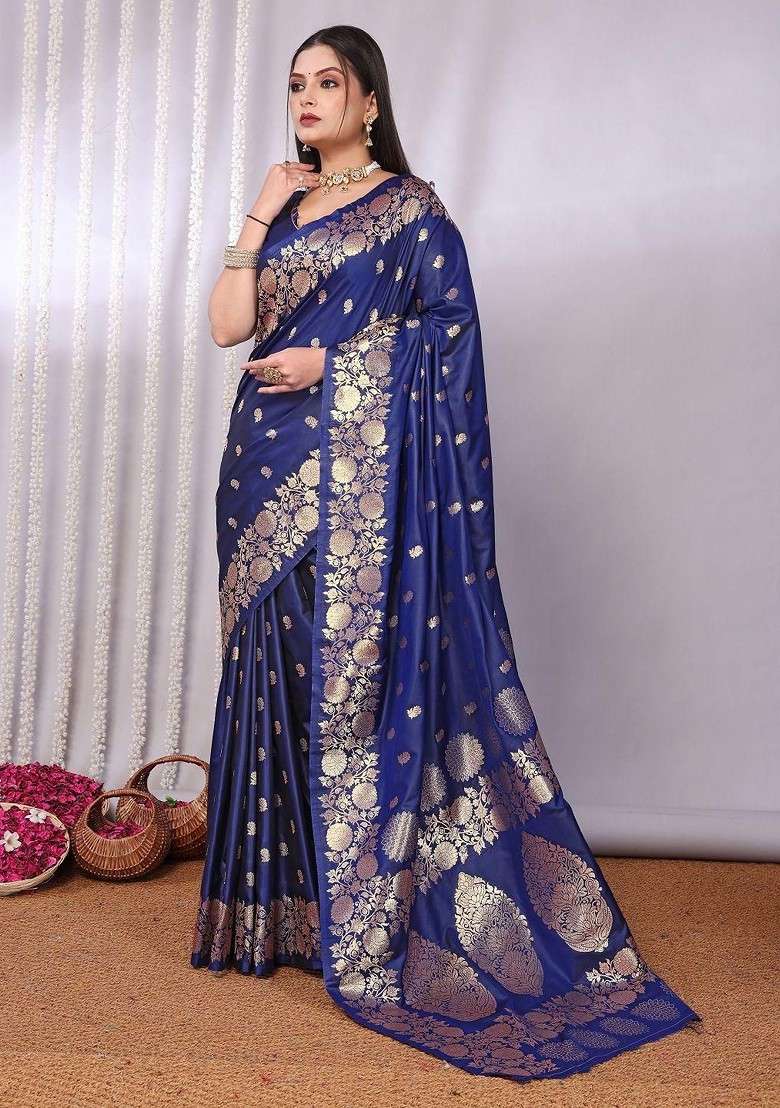 Navy Blue Blended Jacquard Saree Set for Diwali | Wedding & Festive Wear - Indya